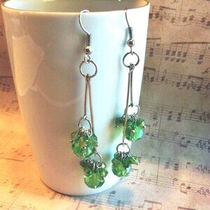 Handcrafted Green Faceted Czech Crystal 80mm Long Double Dangle Earrings